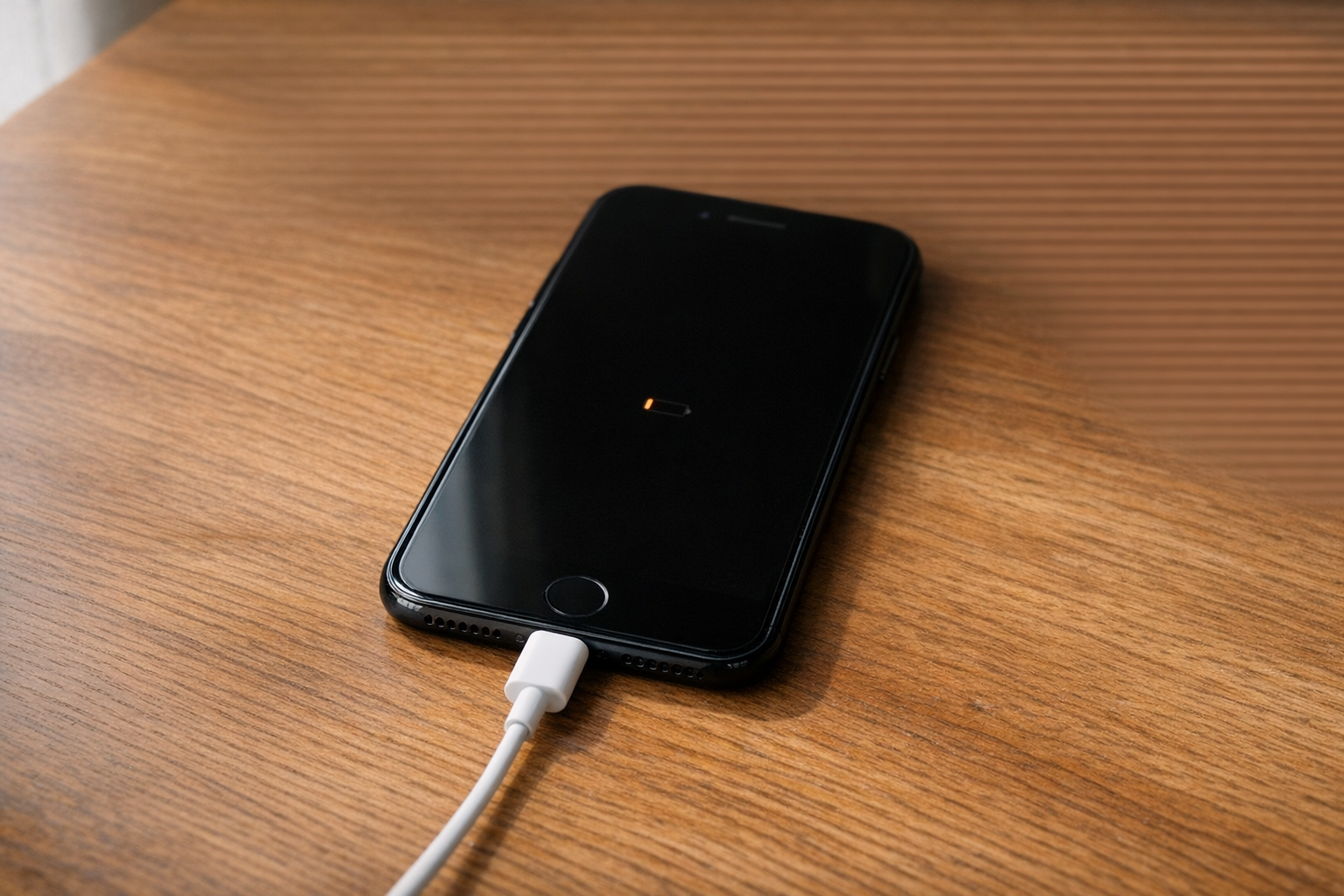 電源が入らないiPhoneと充電ケーブル